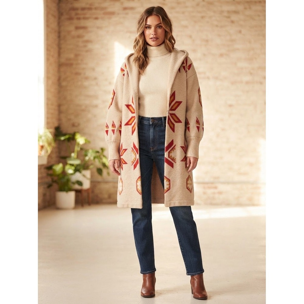 Sundance Lambswool Blend Hooded Cardigan Sweater Beige Red Star Pattern Large